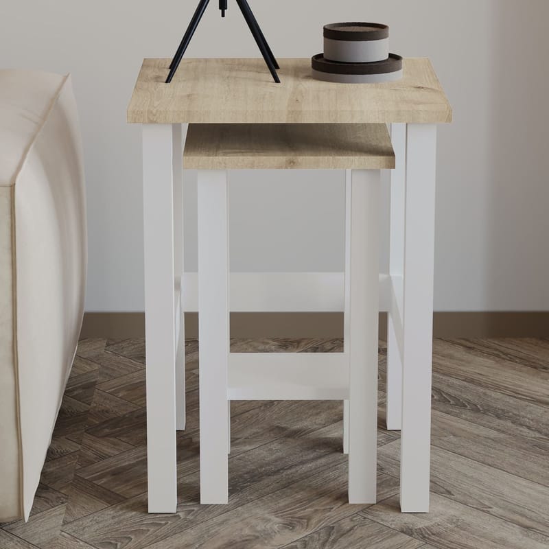 Ginallie Sidebord sæt 45x60 cm - Hvid og safir-eg - Møbler - Borde - Aflastningsbord - Lampebord