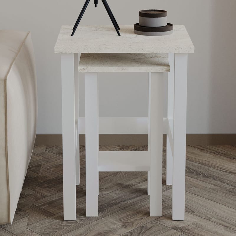 Ginallie Sidebord sæt 45x60 cm - Hvid og travertin - Møbler - Borde - Aflastningsbord - Lampebord