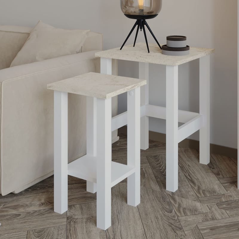 Ginallie Sidebord sæt 45x60 cm - Hvid og travertin - Møbler - Borde - Aflastningsbord - Lampebord
