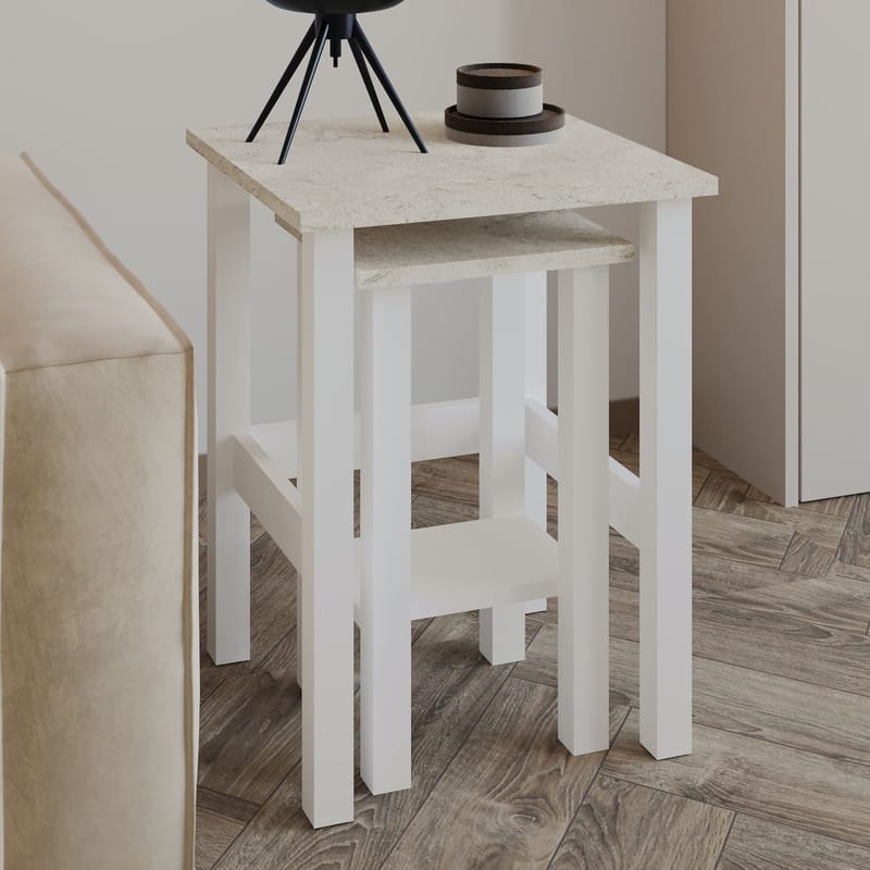Ginallie Sidebord sæt 45x60 cm - Hvid og travertin - Møbler - Borde - Aflastningsbord - Lampebord