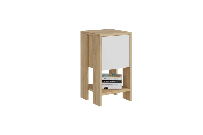 Haelyn Sengebord 30 cm med Træ- og Egeudseende, Opbevaring med Hylde, Natur/Hvid
