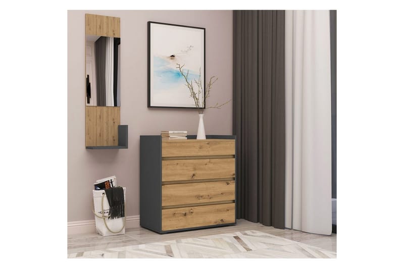 Kommode Kosmo Antracit/Eg, 4 skuffer - Antracit/Eg, 4 skuffer - Opbevaring - Opbevaringsmøbler - Kommode - Entrékommode