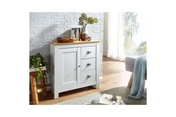 Kommode Wohnling med 3 skuffer 2 døre bicolor hvid eg landstil - Opbevaring - Opbevaringsmøbler - Kommode - Entrékommode