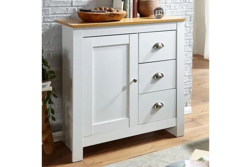 Kommode Wohnling med 3 skuffer 2 døre bicolor hvid eg landstil - Opbevaring - Opbevaringsmøbler - Kommode - Entrékommode
