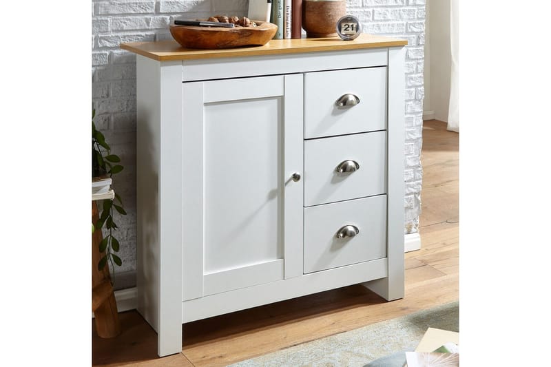 Kommode Wohnling med 3 skuffer 2 døre bicolor hvid eg landstil - Møbler - Borde - Aflastningsbord - Entrébord