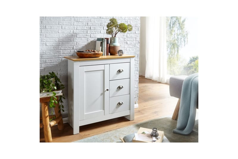 Kommode Wohnling med 3 skuffer 2 døre bicolor hvid eg landstil - Møbler - Borde - Aflastningsbord - Entrébord