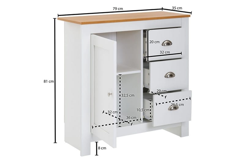 Kommode Wohnling med 3 skuffer 2 døre bicolor hvid eg landstil - Møbler - Borde - Aflastningsbord - Entrébord