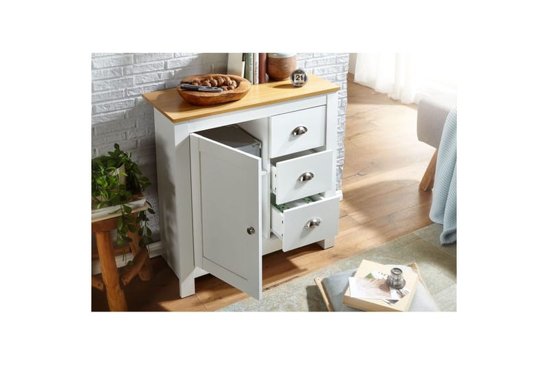 Kommode Wohnling med 3 skuffer 2 døre bicolor hvid eg landstil - Møbler - Borde - Aflastningsbord - Entrébord