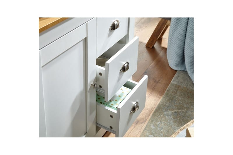 Kommode Wohnling med 3 skuffer 2 døre bicolor hvid eg landstil - Møbler - Borde - Aflastningsbord - Entrébord