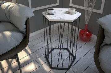 Falan Sidebord 40 cm Hexagon Marmormønster - Hvid/Sort - Møbler - Borde - Aflastningsbord - Lampebord