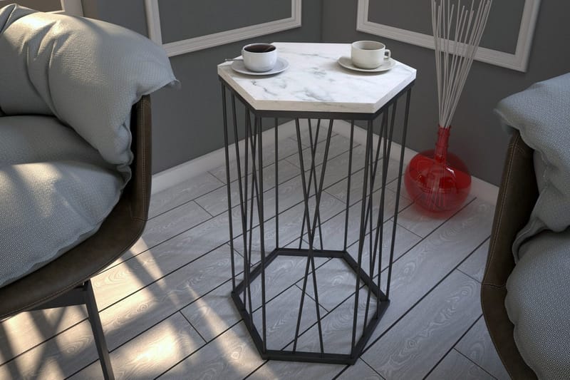 Falan Sidebord 40 cm Hexagon Marmormønster - Hvid/Sort - Møbler - Borde - Aflastningsbord - Lampebord