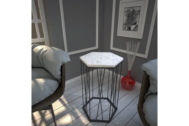 Falan Sidebord 40 cm Hexagon Marmormønster - Hvid/Sort - Møbler - Borde - Aflastningsbord - Lampebord