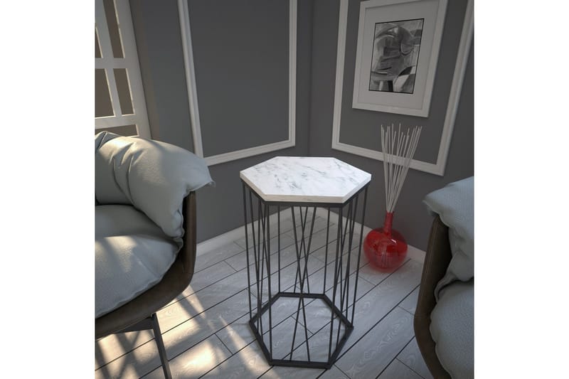Falan Sidebord 40 cm Hexagon Marmormønster - Hvid/Sort - Møbler - Borde - Aflastningsbord - Lampebord