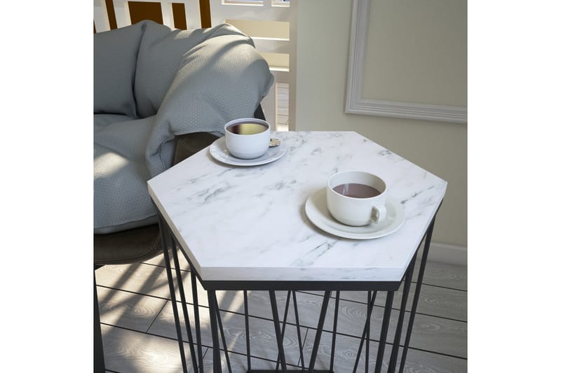 Falan Sidebord 40 cm Hexagon Marmormønster - Hvid/Sort - Møbler - Borde - Aflastningsbord - Lampebord