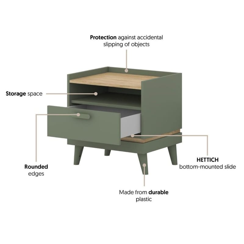 Natbord Scandi 1 skuffe - Falmet grøn - Oliebehandlet eg - Møbler - Borde - Aflastningsbord - Sengebord