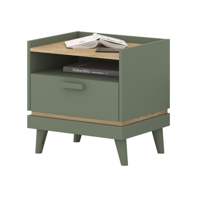 Natbord Scandi 1 skuffe - Falmet grøn - Oliebehandlet eg - Møbler - Borde - Aflastningsbord - Sengebord