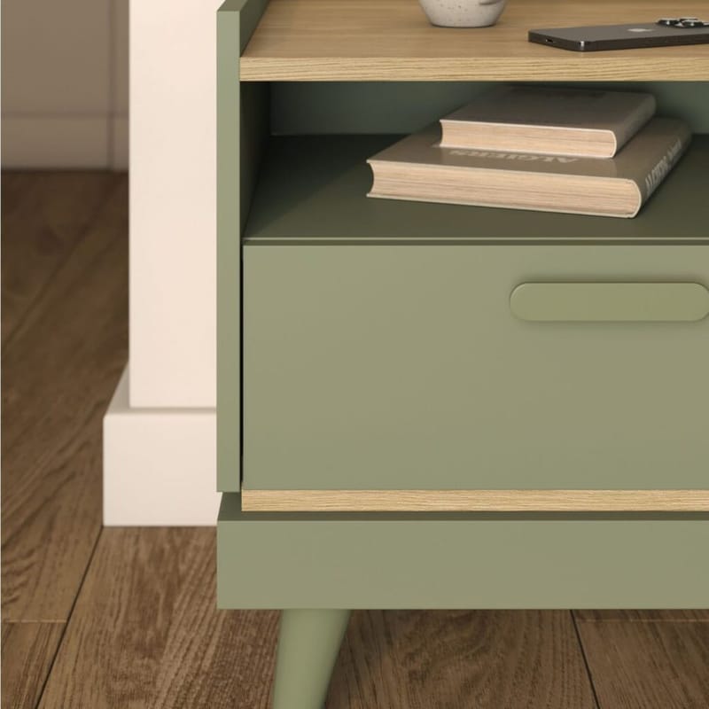 Natbord Scandi 1 skuffe - Falmet grøn - Oliebehandlet eg - Møbler - Borde - Aflastningsbord - Sengebord