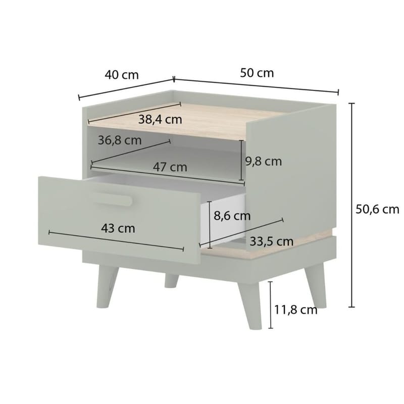 Natbord Scandi 1 skuffe - Falmet grøn - Oliebehandlet eg - Møbler - Borde - Aflastningsbord - Sengebord