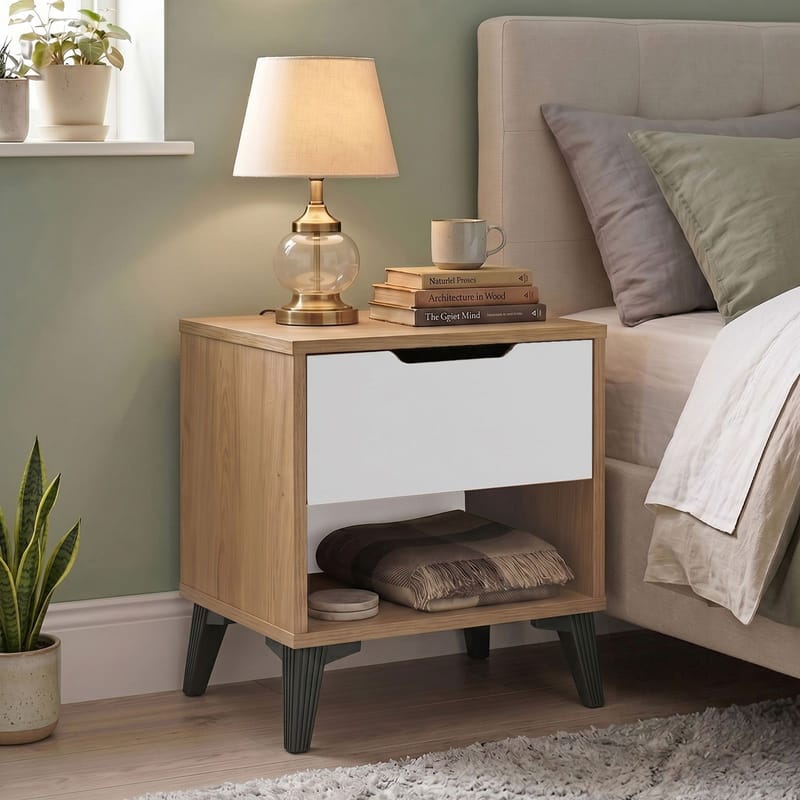 Natbord Skye Decor Bren (44 x 52,2 x 34,4 cm) Eg hvid - Eg og hvid - Møbler - Borde - Aflastningsbord - Sengebord