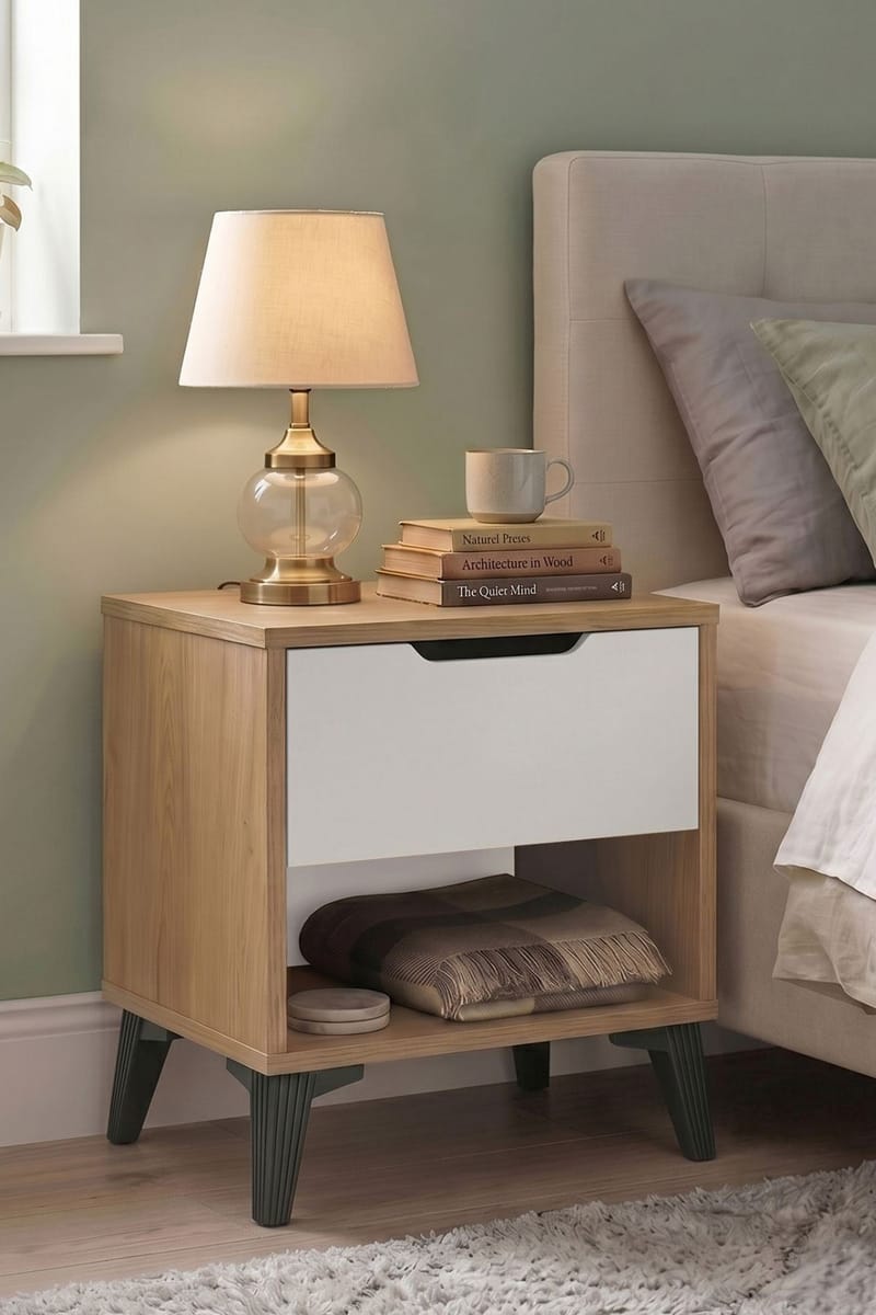 Natbord Skye Decor Bren (44 x 52,2 x 34,4 cm) Eg hvid - Eg og hvid - Møbler - Borde - Aflastningsbord - Sengebord