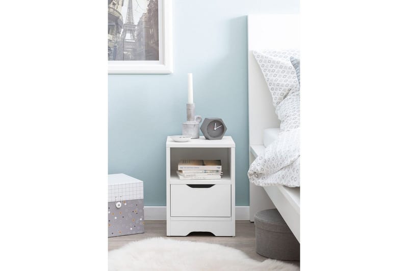 Natbord Wohnling Hvid med 1 skuffe, simpelt moderne design og hylde - Møbler - Borde - Aflastningsbord - Sengebord