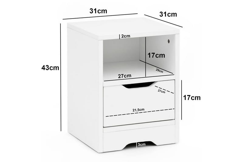 Natbord Wohnling Hvid med 1 skuffe, simpelt moderne design og hylde - Møbler - Borde - Aflastningsbord - Sengebord