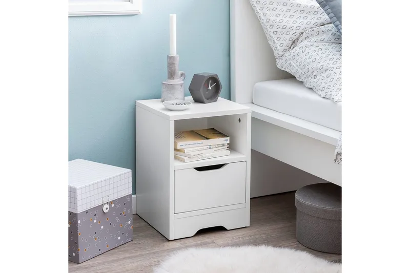 Natbord Wohnling Hvid med 1 skuffe, simpelt moderne design og hylde - Møbler - Borde - Aflastningsbord - Sengebord
