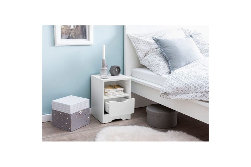 Natbord Wohnling Hvid med 1 skuffe, simpelt moderne design og hylde - Møbler - Borde - Aflastningsbord - Sengebord