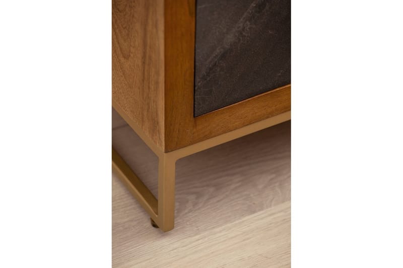 Natbord Wohnling lavet af massivt træ til boxmadras med 3 skuffer, skifer look, i landlig stil Brun, Sort - Brun, Sort - Møbler - Borde - Aflastningsbord - Sengebord
