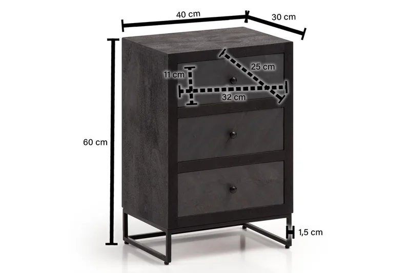 Natbord Wohnling lavet af massivt træ til boxmadras med 3 skuffer, skifer look, i landlig stil Sort - Sort - Møbler - Borde - Aflastningsbord - Sengebord