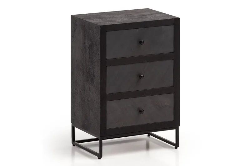 Natbord Wohnling lavet af massivt træ til boxmadras med 3 skuffer, skifer look, i landlig stil Sort, Sort