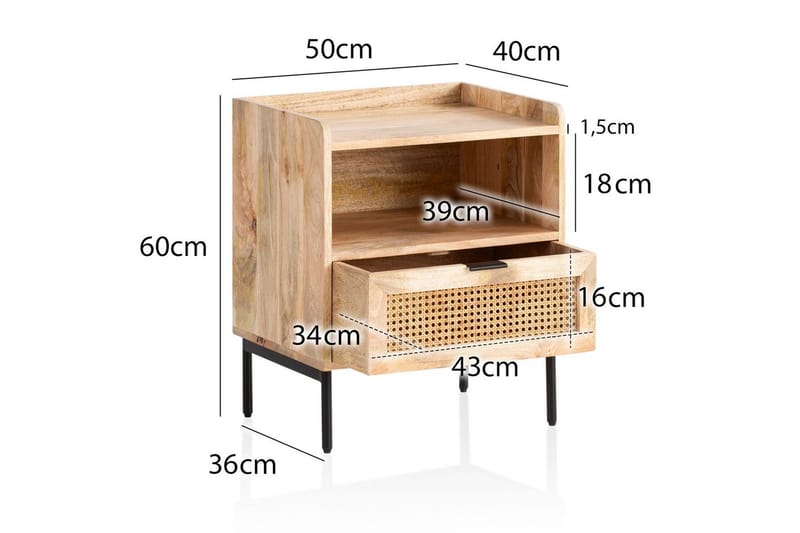 Natbord Wohnling Massivt Mangotræ med 1 Skuffe En Opbevaringsbakke med Wienerflet - Møbler - Borde - Aflastningsbord - Sengebord