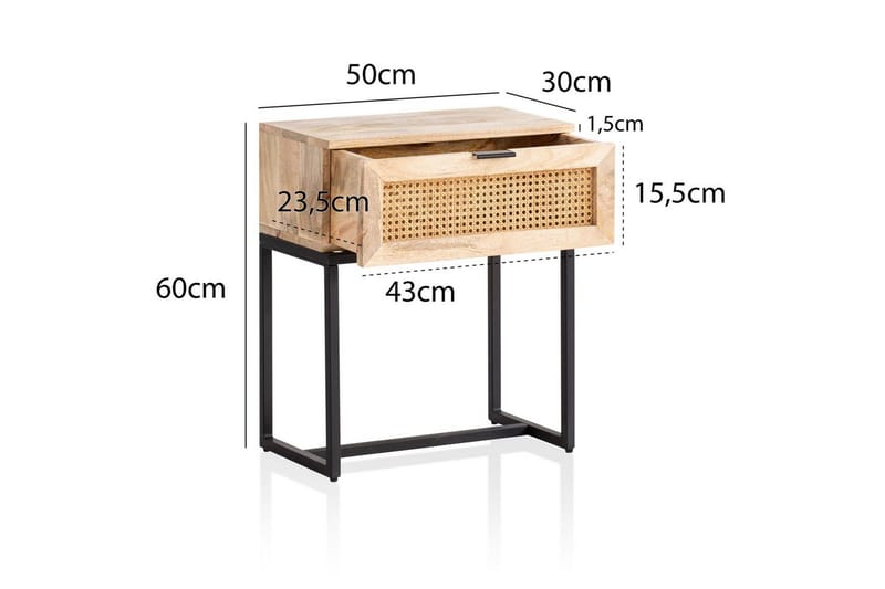 Natbord Wohnling Massivt Mangotræ med 1 Skuffe med Wienerflet I Et Industrielt Look - Møbler - Borde - Aflastningsbord - Sengebord