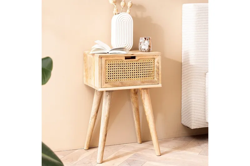 Natbord Wohnling Massivt mangotræ med 1 skuffe med wienerflet i et moderne look Lysbrun - Lysbrun - Møbler - Borde - Aflastningsbord - Sengebord