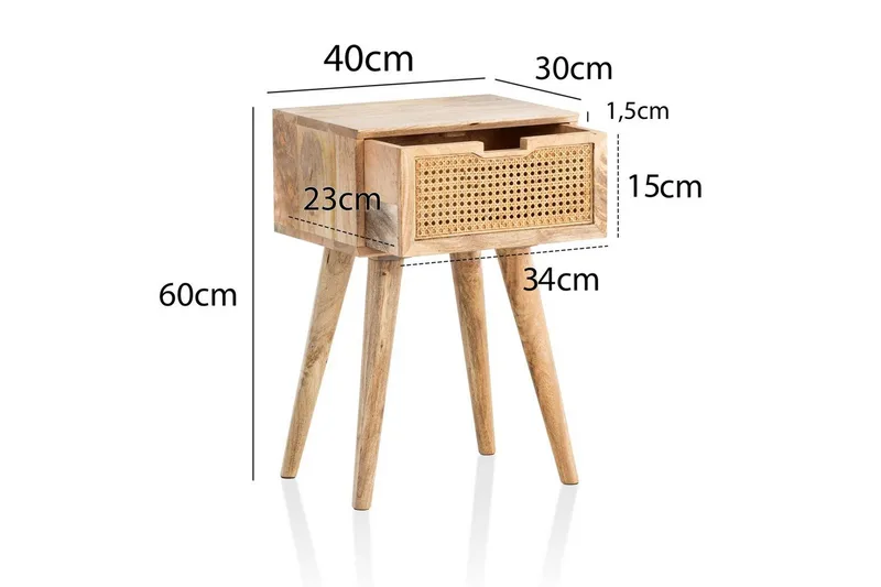 Natbord Wohnling Massivt mangotræ med 1 skuffe med wienerflet i et moderne look Lysbrun - Lysbrun - Møbler - Borde - Aflastningsbord - Sengebord
