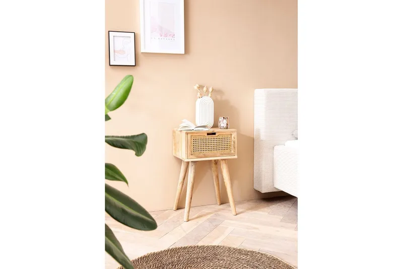 Natbord Wohnling Massivt mangotræ med 1 skuffe med wienerflet i et moderne look Lysbrun - Lysbrun - Møbler - Borde - Aflastningsbord - Sengebord