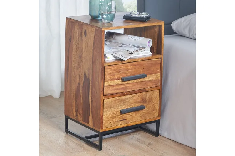 Natbord Wohnling Massivt træ til kontinentalsenge med 2 skuffer opbevaringshylde landstil - Møbler - Borde - Aflastningsbord - Sengebord