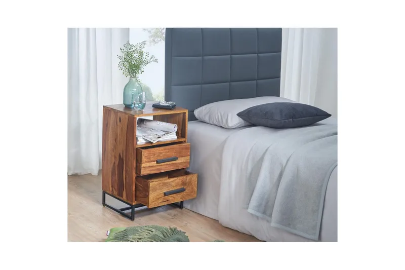 Natbord Wohnling Massivt træ til kontinentalsenge med 2 skuffer opbevaringshylde landstil - Møbler - Borde - Aflastningsbord - Sengebord