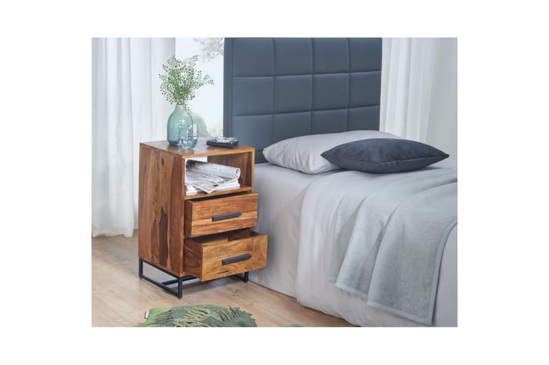 Natbord Wohnling Massivt træ til kontinentalsenge med 2 skuffer opbevaringshylde landstil - Møbler - Borde - Aflastningsbord - Sengebord