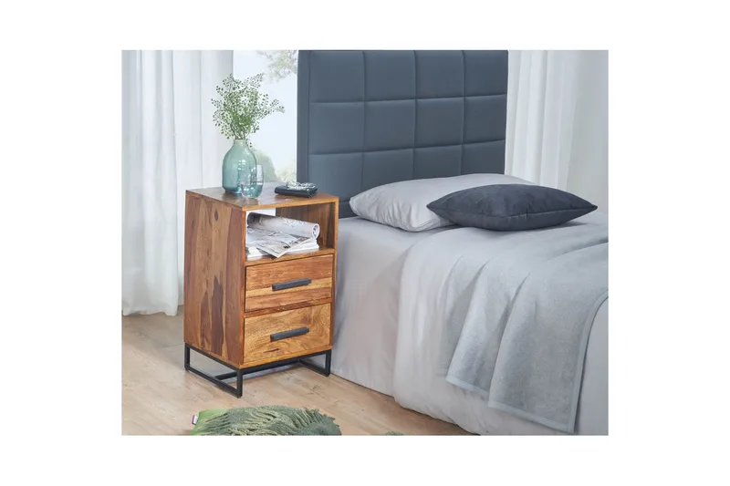Natbord Wohnling Massivt træ til kontinentalsenge med 2 skuffer opbevaringshylde landstil - Møbler - Borde - Aflastningsbord - Sengebord