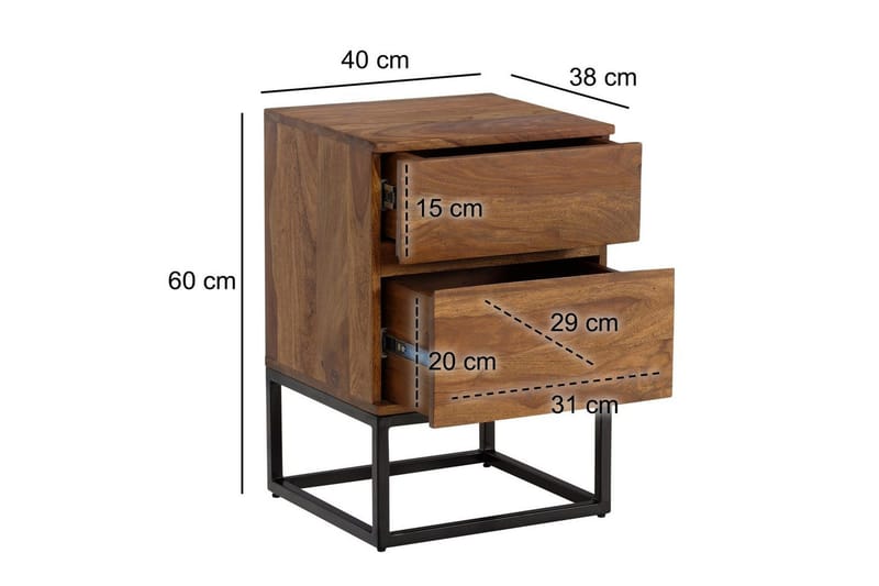 Natbord Wohnling Moderne look med 2 skuffer lavet af massivt sheeshamtræ i et industrielt look - Møbler - Borde - Aflastningsbord - Sengebord