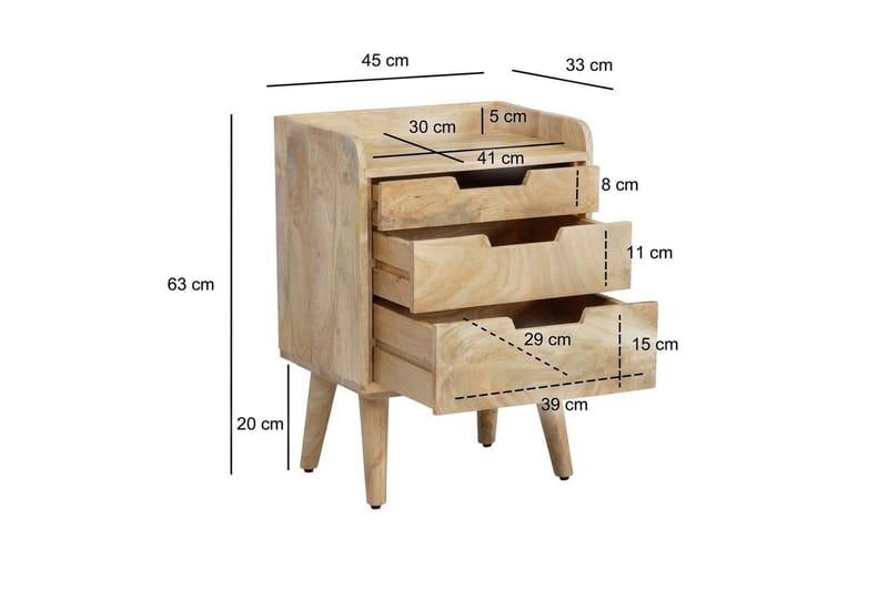 Natbord Wohnling Moderne look med 3 skuffer lavet af massivt mangotræ en opbevaringshylde - Møbler - Borde - Aflastningsbord - Sengebord
