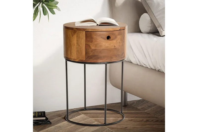 Natbord Wohnling rundt, massivt træ med 1 skuffe i moderne stil mørkebrun - mørkebrun - Møbler - Borde - Aflastningsbord - Sengebord