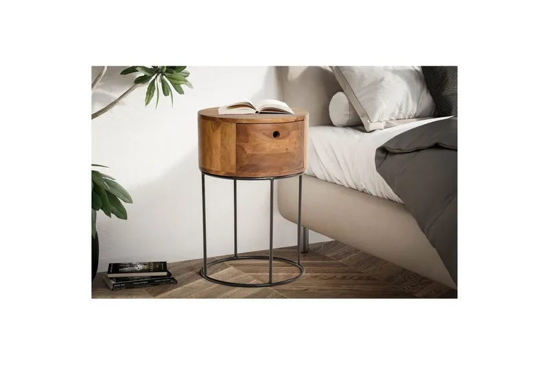 Natbord Wohnling rundt, massivt træ med 1 skuffe i moderne stil mørkebrun - mørkebrun - Møbler - Borde - Aflastningsbord - Sengebord