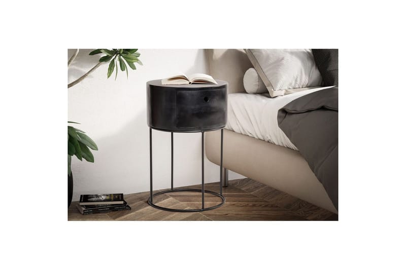 Natbord Wohnling rundt, massivt træ med 1 skuffe i moderne stil Sort - Sort - Møbler - Borde - Aflastningsbord - Sengebord