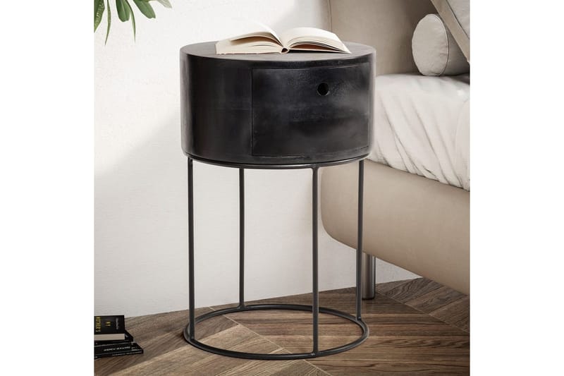 Natbord Wohnling rundt, massivt træ med 1 skuffe i moderne stil Sort - Sort - Møbler - Borde - Aflastningsbord - Sengebord