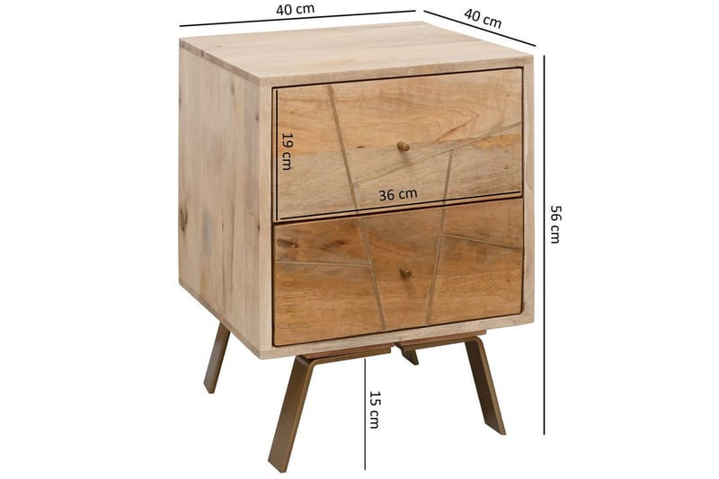 Natbord Wohnling SIKAR, massivt mangotræ til boksmadras med metalindlæg og 2 skuffer - Møbler - Borde - Aflastningsbord - Sengebord