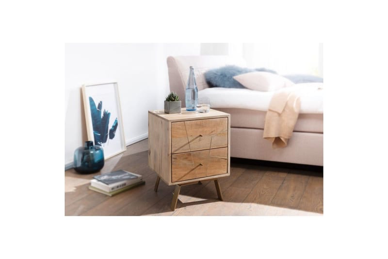 Natbord Wohnling SIKAR, massivt mangotræ til boksmadras med metalindlæg og 2 skuffer - Møbler - Borde - Aflastningsbord - Sengebord