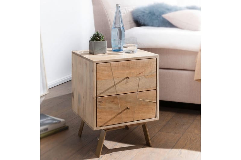 Natbord Wohnling SIKAR, massivt mangotræ til boksmadras med metalindlæg og 2 skuffer - Møbler - Borde - Aflastningsbord - Sengebord
