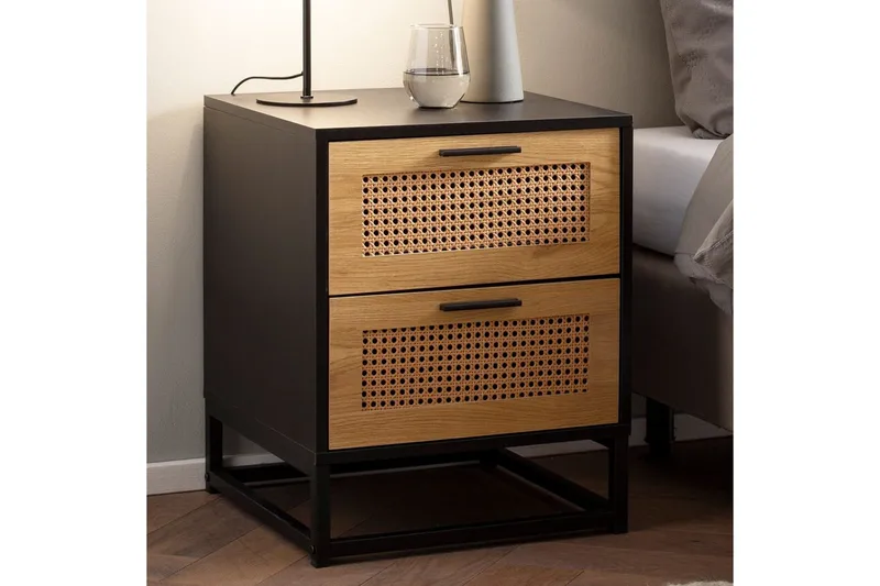 Natbord Wohnling Solidt mangotræ med 2 skuffer med wienerflet i et industrielt look - Møbler - Borde - Aflastningsbord - Sengebord